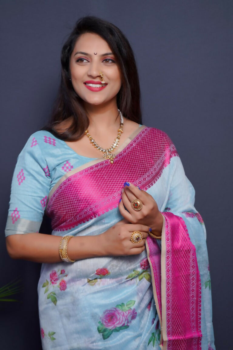 Jyoti Fashion Women's Pink Linen Silk Digital Print with Jacquard Woven Border Saree with Blouse