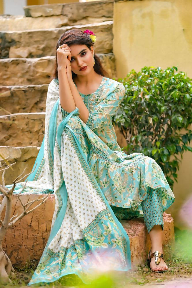 Yufta Blue Printed Tiered Kurta with Trouser and Dupatta
