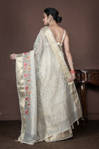 Morchari Beige Banarasi Tissue Computer Embroidery Saree Unstitched Blouse - Distacart