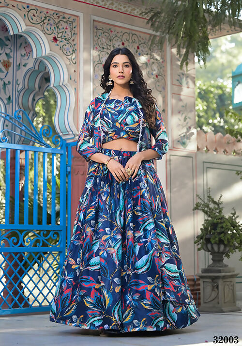 Wedding Partywear Blue Slim Georgette Lehenga Choli with Shrug- Shehnaaz