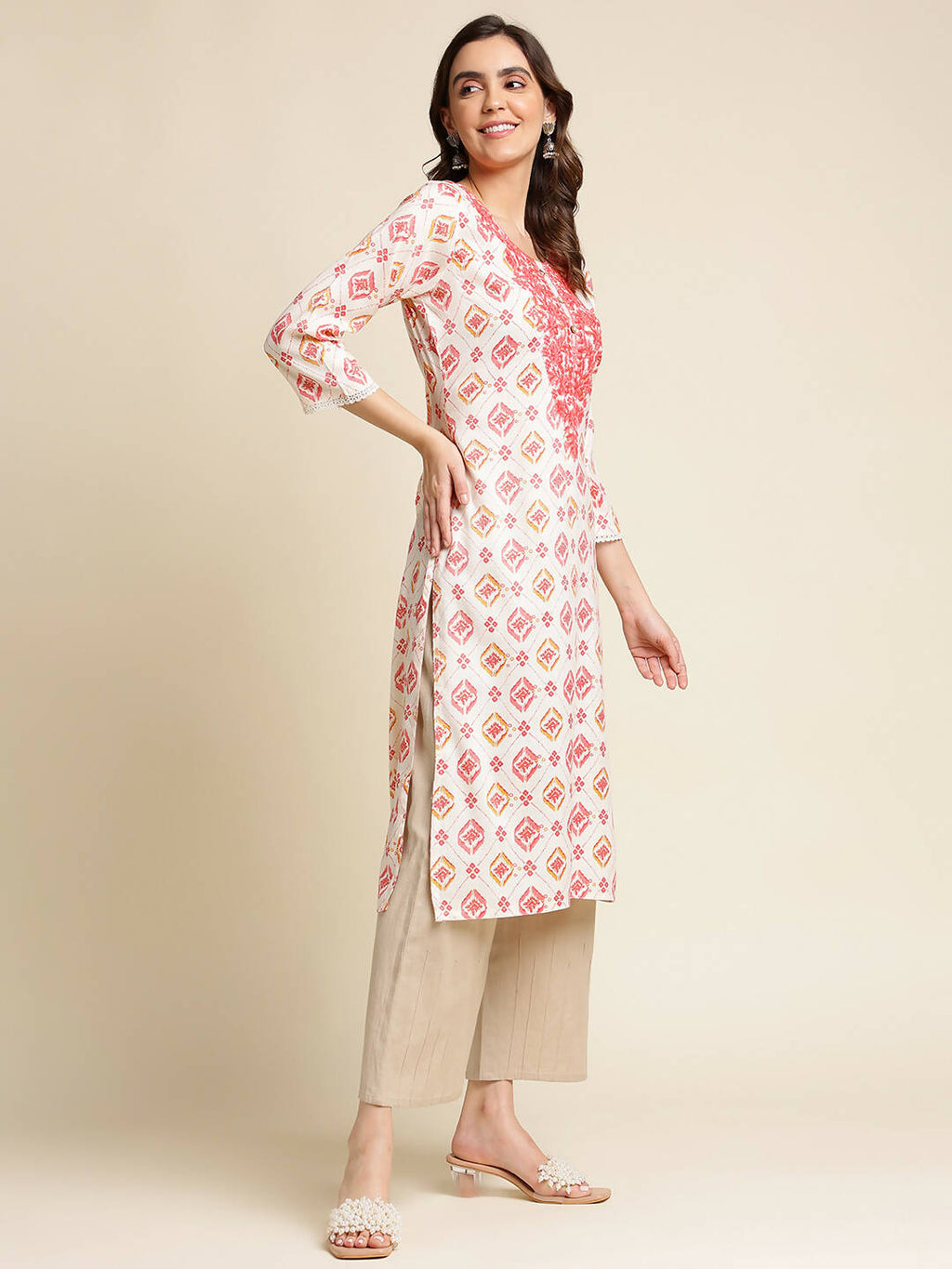 Red Poly Rayon Aztec Printed Straight Fit Kurta - Prasuti