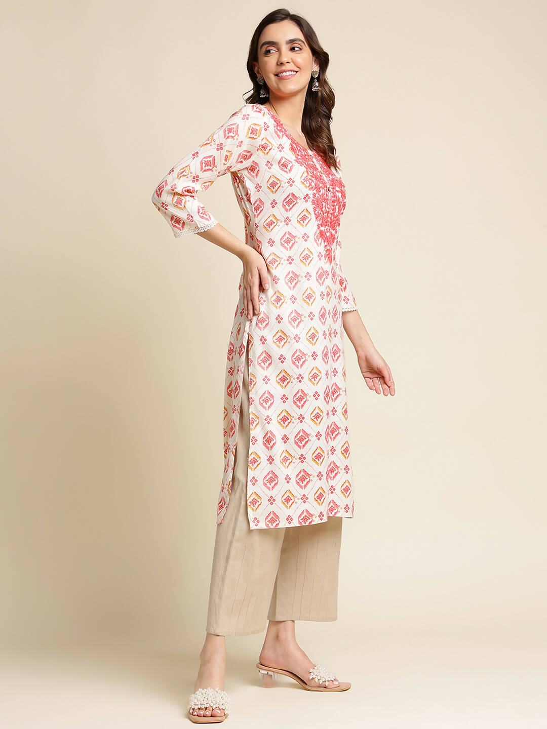 Red Poly Rayon Aztec Printed Straight Fit Kurta - Prasuti