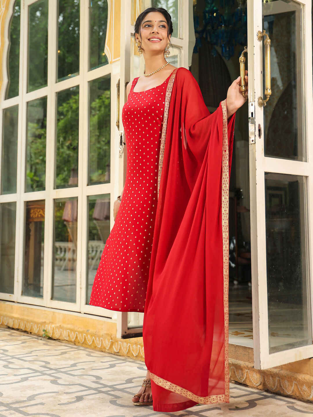 Janasya Maroon Rayon Foil Print Kurta,Bottom & Dupatta