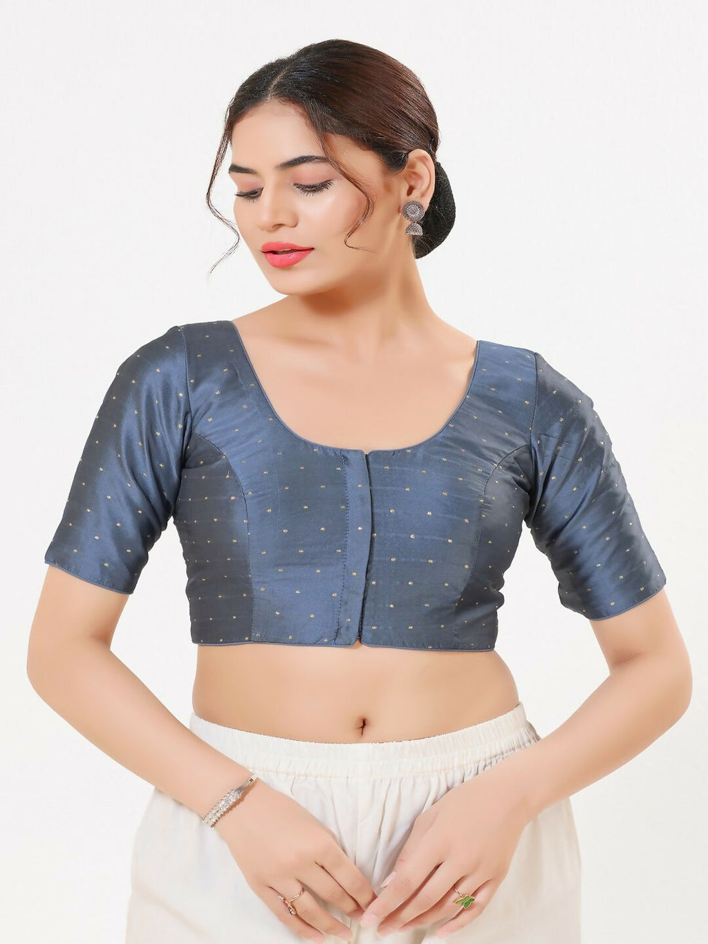 Joban Fashion Dark-Grey Taffeta Silk Elbow Sleeveless Front Open Blouse