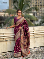 Magenta Pashmina Silk Wevon Kashmiri Meenakari Designer Saree with Unstitched Blouse - Vandini