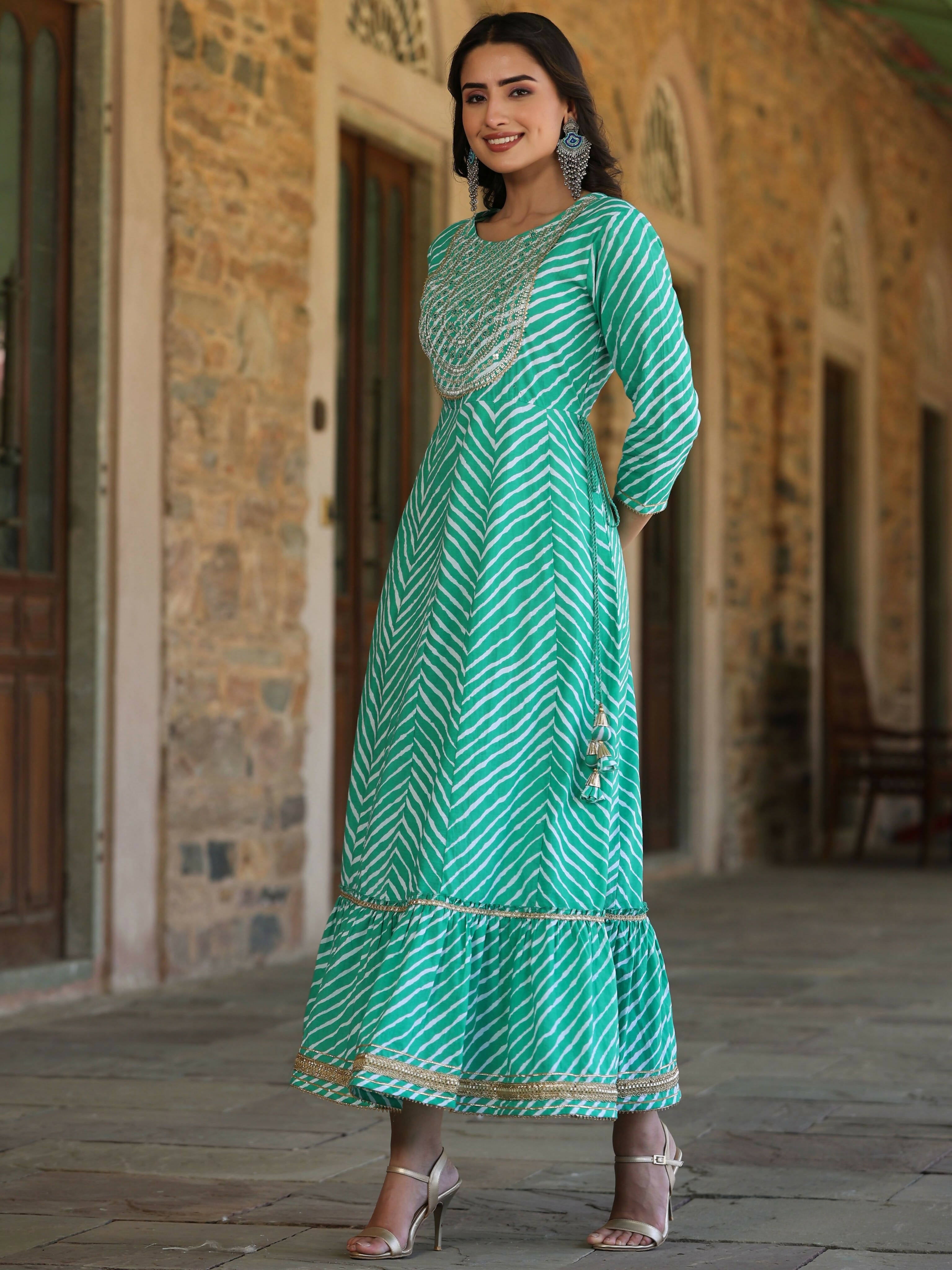 Juniper Women's Green Printed Embroidered Mirror Work Sequin Cotton Flared Dress - Distacart