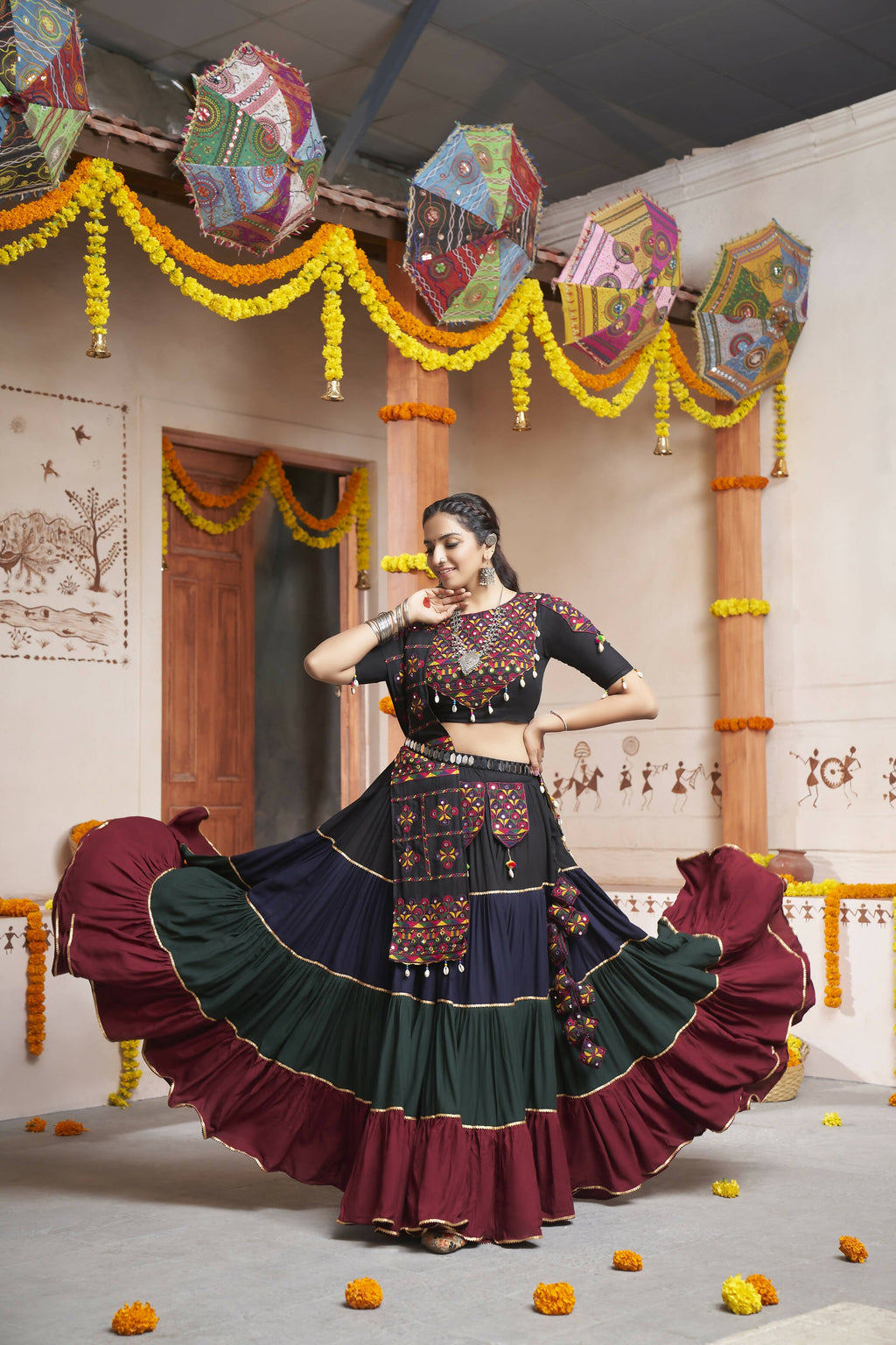 Multi Color Viscose Rayon Thread Embroidery with mirror work Navratri Lehenga Choli with Dupatta - Raas