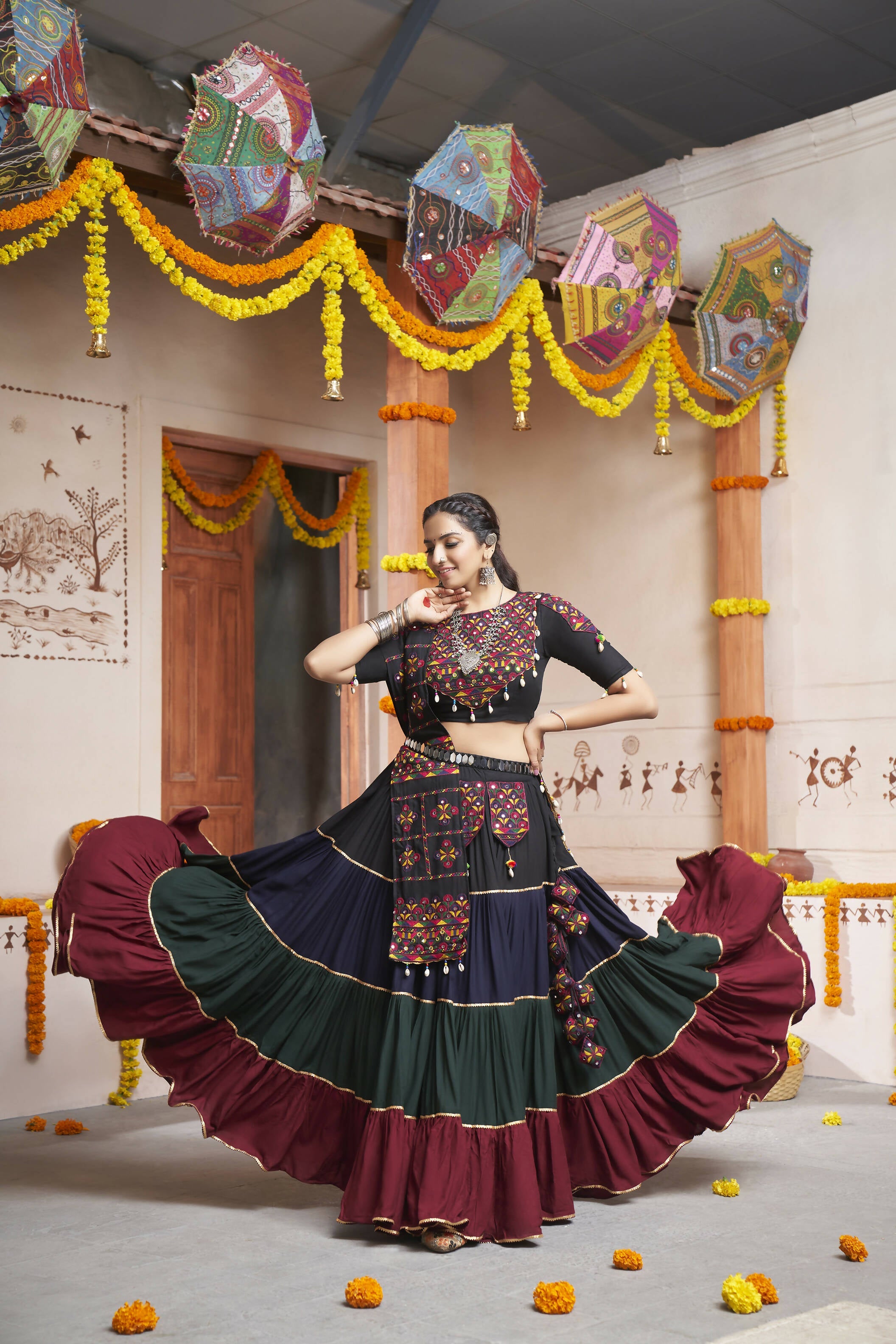 Multi Color Viscose Rayon Thread Embroidery with mirror work Navratri Lehenga Choli with Dupatta - Raas