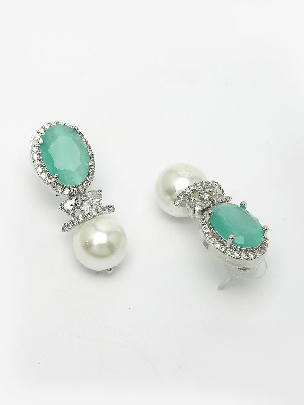NVR Women's Silver-Plated Green American Diamond Studded Handcrafted Jewellery Set
