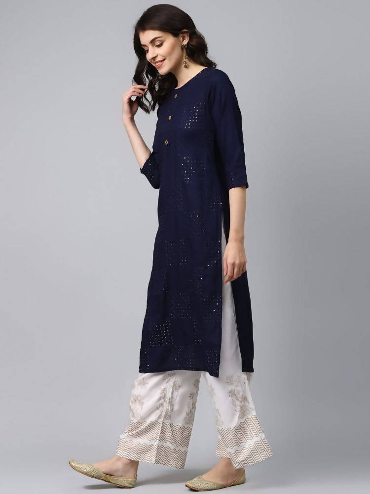 Yufta Women Navy Blue & White Solid Kurta with Palazzo