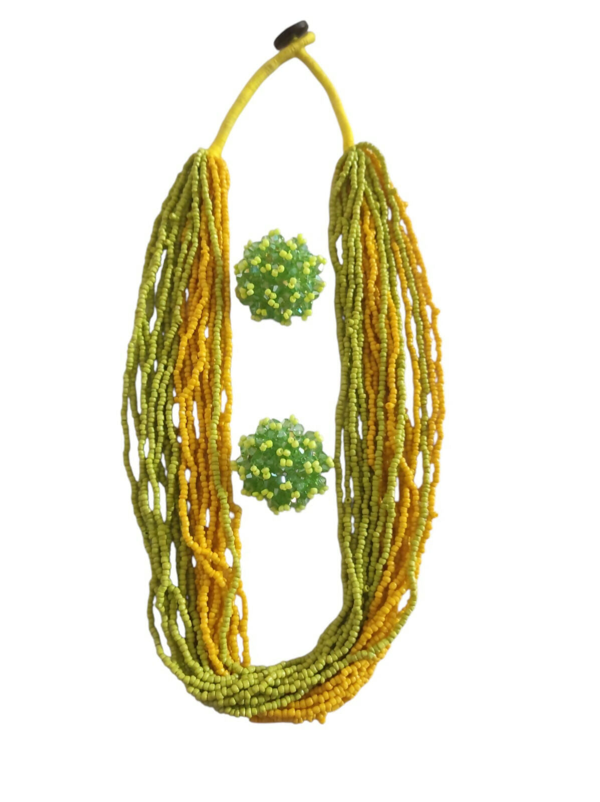 Inhanns Vibrant Handmade 20 Layers Beaded Necklace With Matching Earrings - Yellow & Green