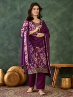 The52 Women's Beautiful Embroidery Work Chinon silk Fabric Straight Kurta Pant and Dupatta Set - Distacart