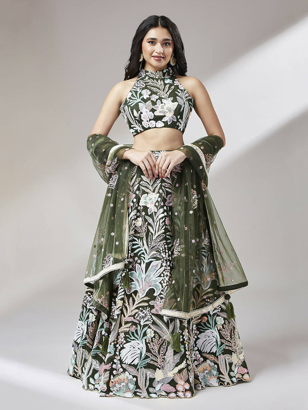 House of Panchhi Olive Net Sequinse Work Lehenga & Blouse with Dupatta