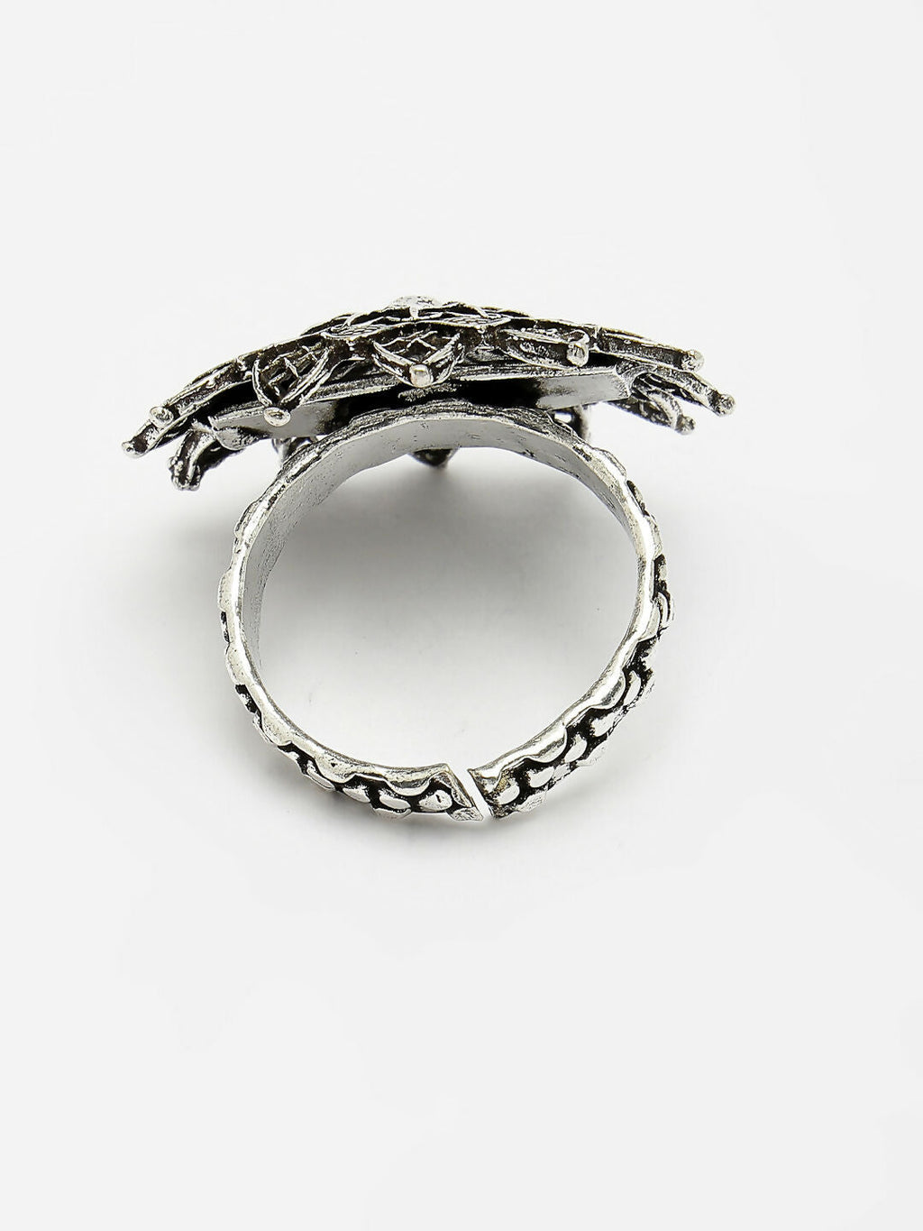 NVR Women's Silver-Toned Floral Shape Adjustable Finger Ring
