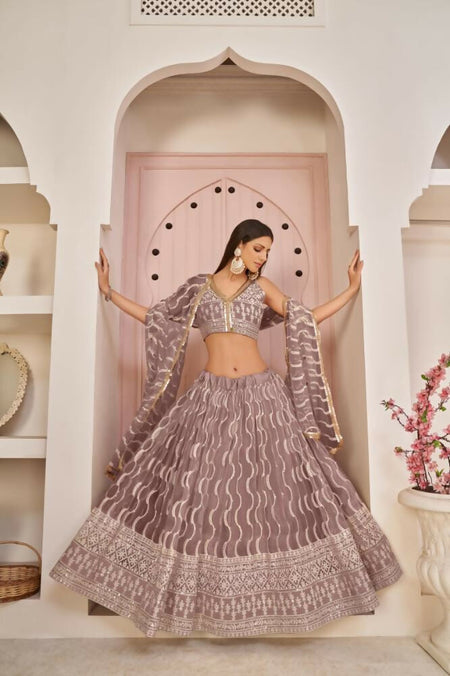 Aastha Fashion Onion Pink Butterfly Net White Cotton Thread Work, Zari Work And Sandwich Sequence Work Embroidery Wedding Wear Lehenga Choli