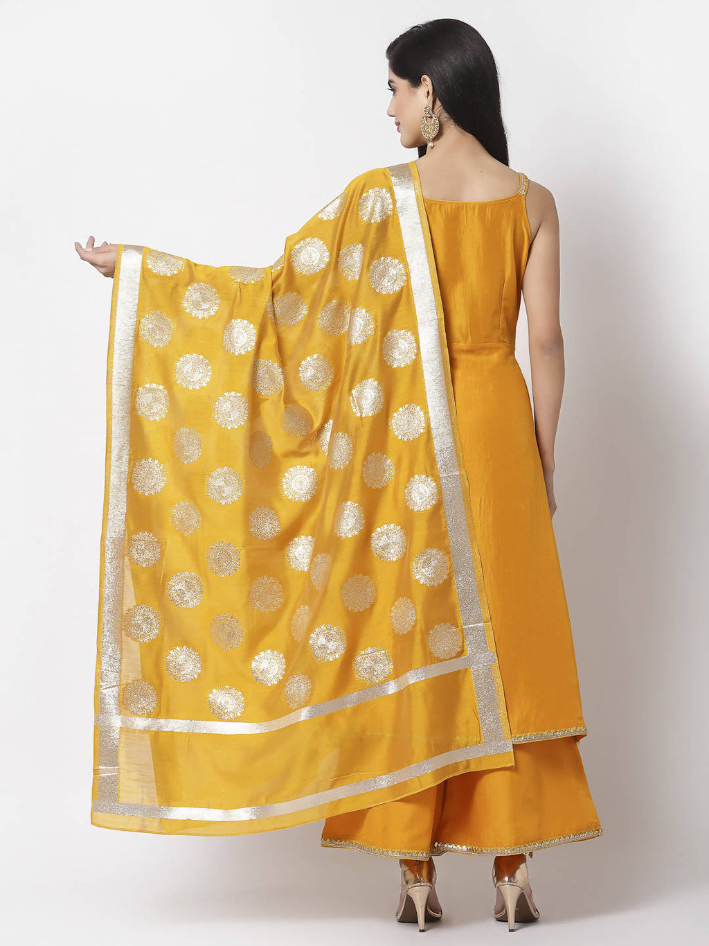 Myshka Women Yellow Silk Blend Solid Sleeveless Round Neck Neck Kurta Palazzo Dupatta Set