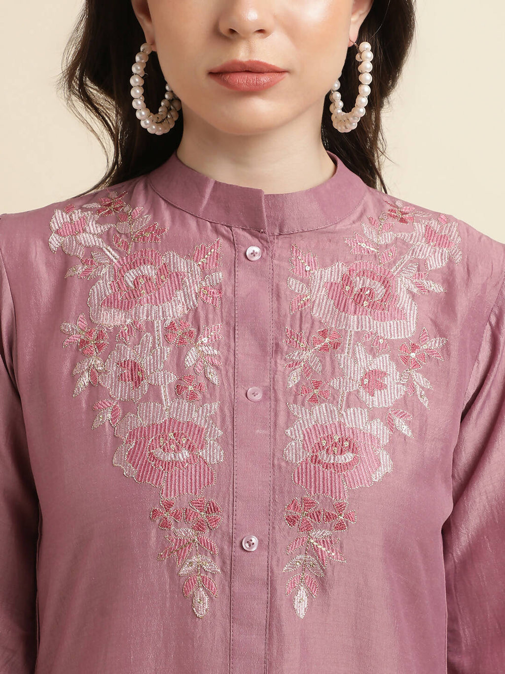Dust Pink Chinon Yoke Embroidered A-line Top - Tarini