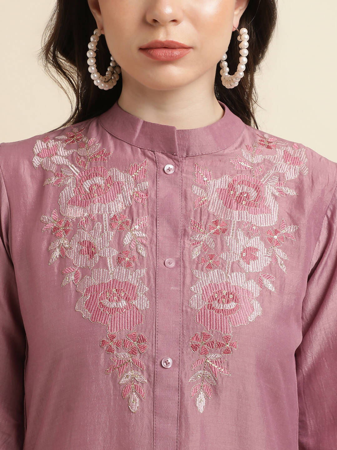 Dust Pink Chinon Yoke Embroidered A-line Top - Tarini
