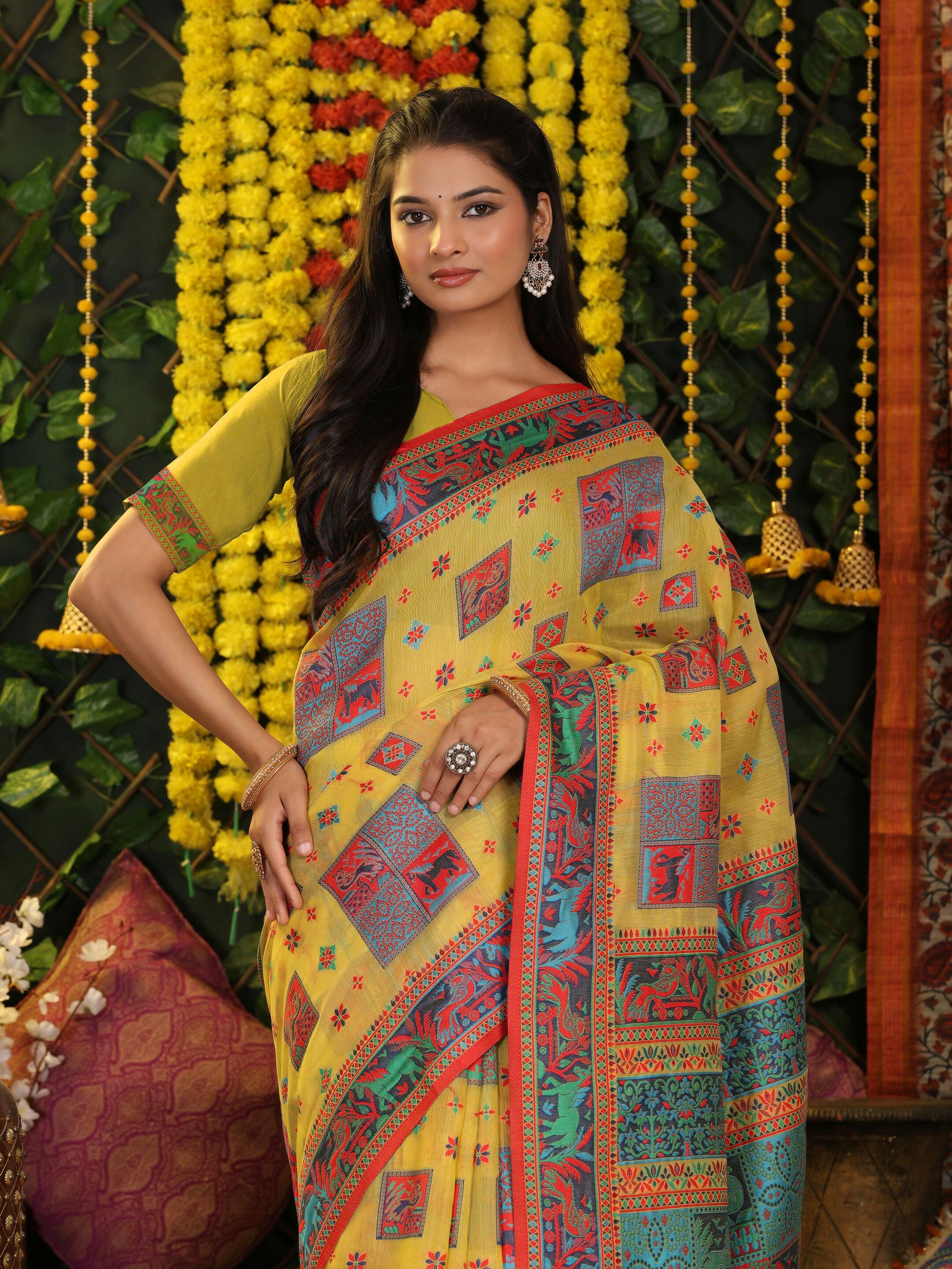 Shree Shyam Fashion Linen Cotton Yellow Saree - Distacart
