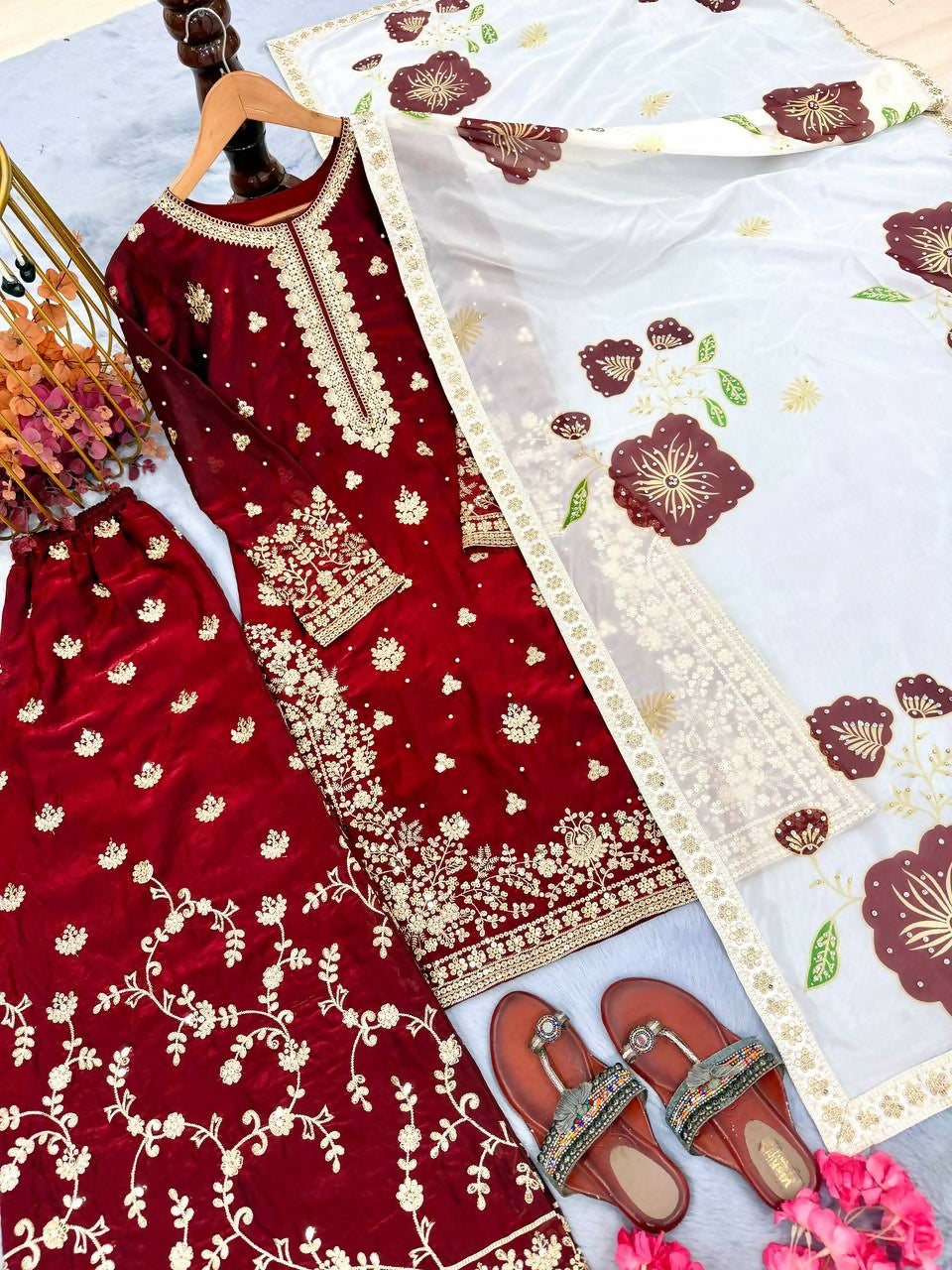 Teeya Creation Maroon Fendy Silk Beads Work Designer Wedding Wear Salwar Suit - Distacart