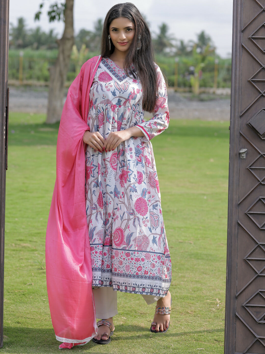 The52 Women's Beautiful Rayon Fabric Printed Work Flared Kurta Pant and Dupatta Set - Distacart