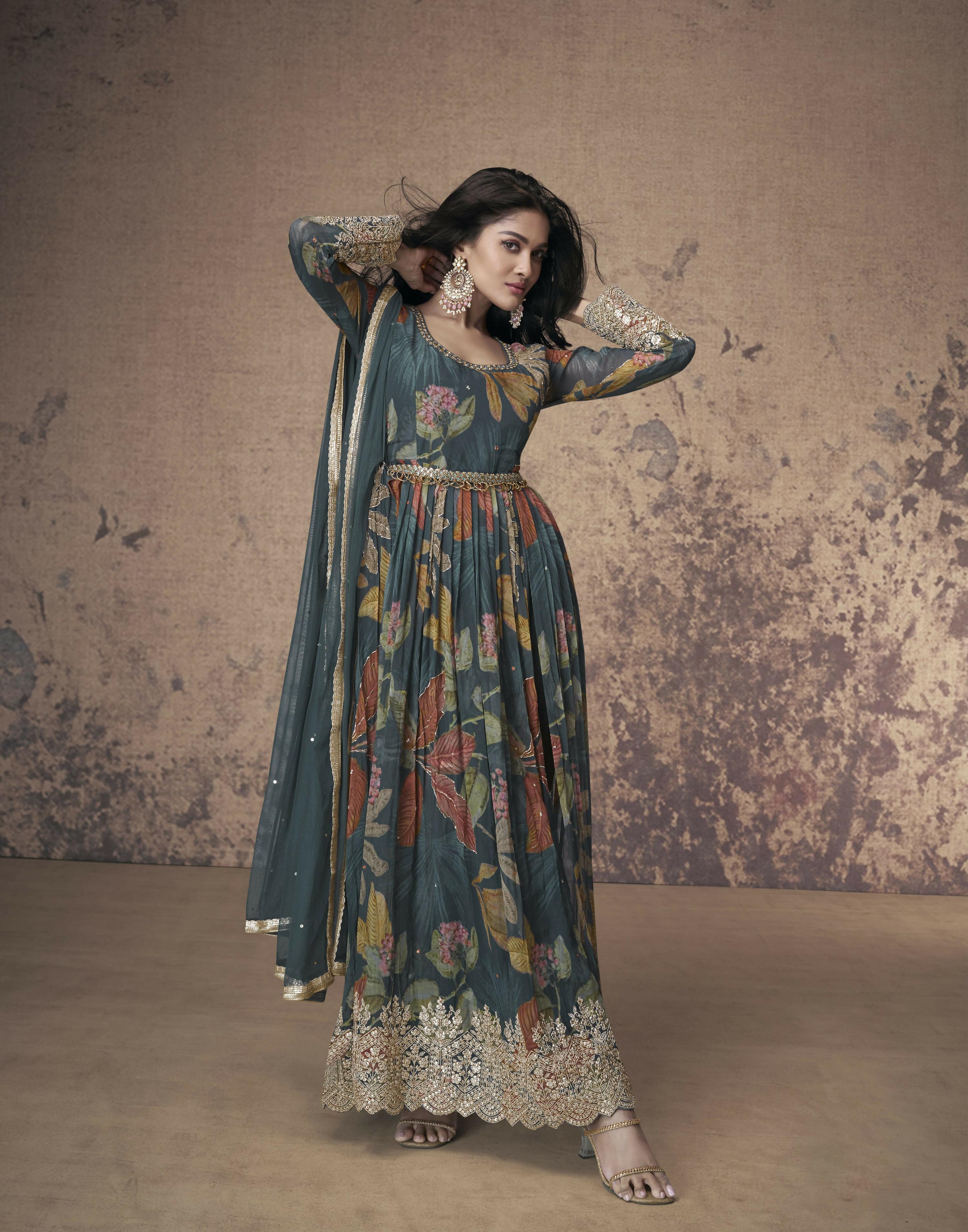 Vastranavya Georgette Digital Print With Sequence Embroidery Stitch Work Side Slit Abaya Style Suit