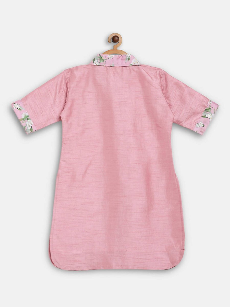 Ahalyaa Pink Poly Silk Solid Kids Kurta with Printed Pant Set For Girls