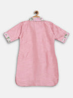 Ahalyaa Pink Poly Silk Solid Kids Kurta with Printed Pant Set For Girls