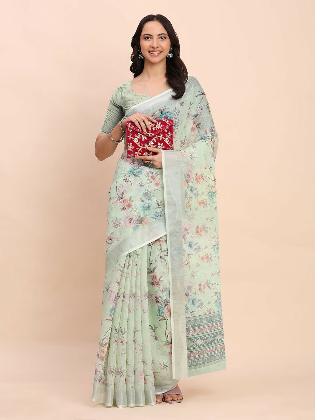 Shree Shyam Fashion Linen Cotton Light Green Saree - Distacart