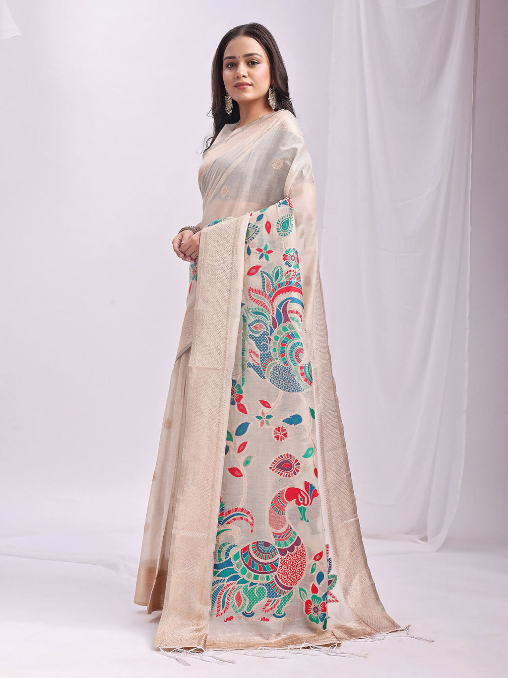 Shree Shyam Fashion Linen Cotton Cream Saree - Distacart