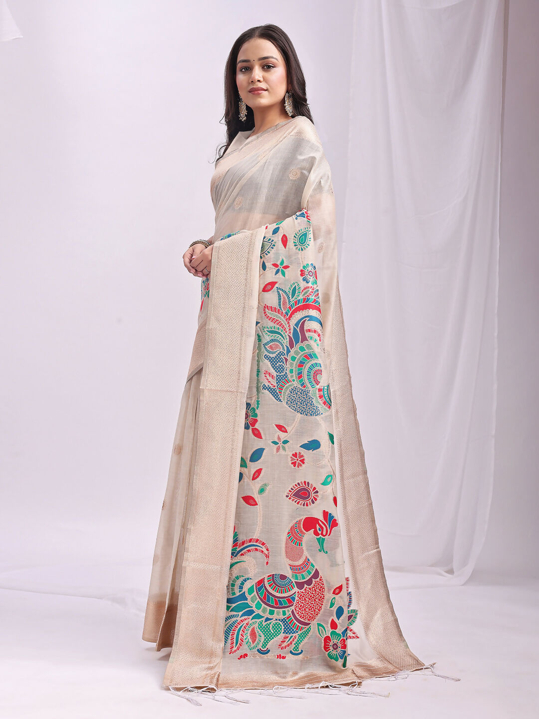 Shree Shyam Fashion Linen Cotton Cream Saree - Distacart