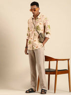 Beige Men Pure Cotton Relaxed Opaque Printed Casual Resort Shirt - Mahotsav
