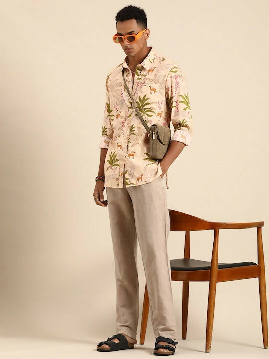 Beige Men Pure Cotton Relaxed Opaque Printed Casual Resort Shirt - Mahotsav