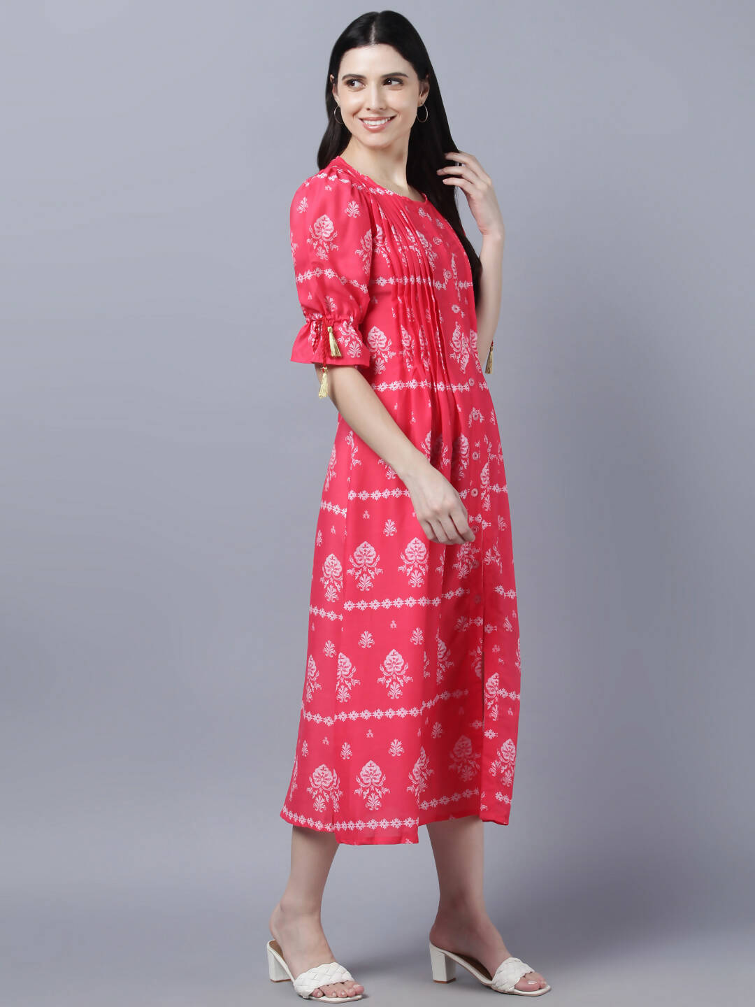 Myshka Women's Pink White Ethnic Motifs Printed Maxi Dress - Distacart
