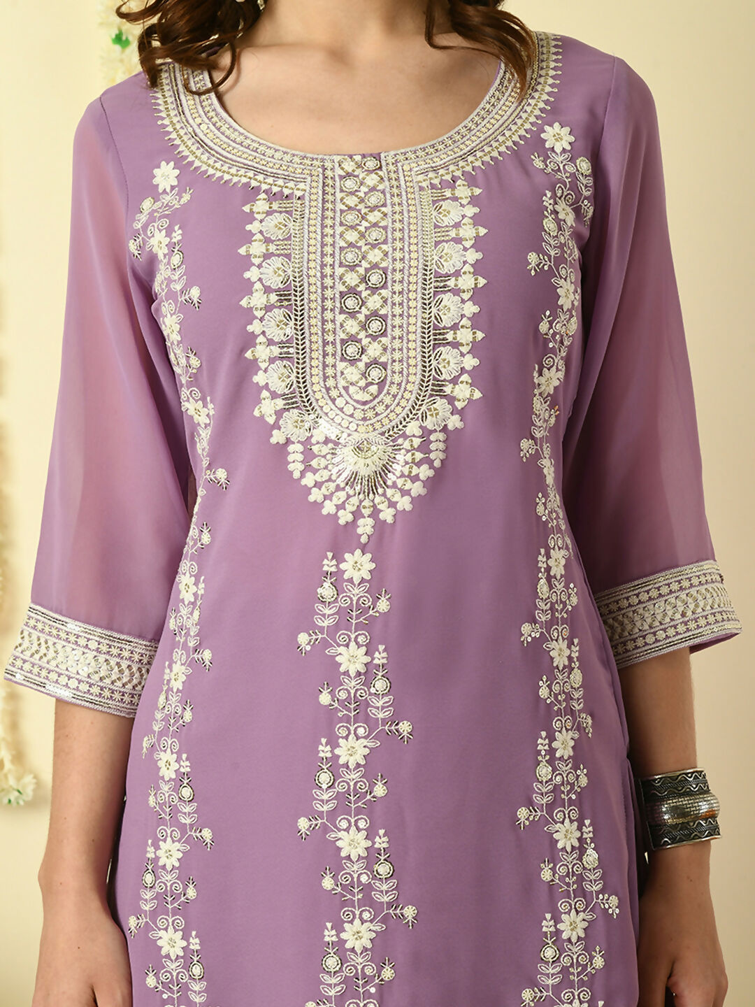 Myshka Women's Purple Georgette Kurta & Skirt With Dupatta Party Sets