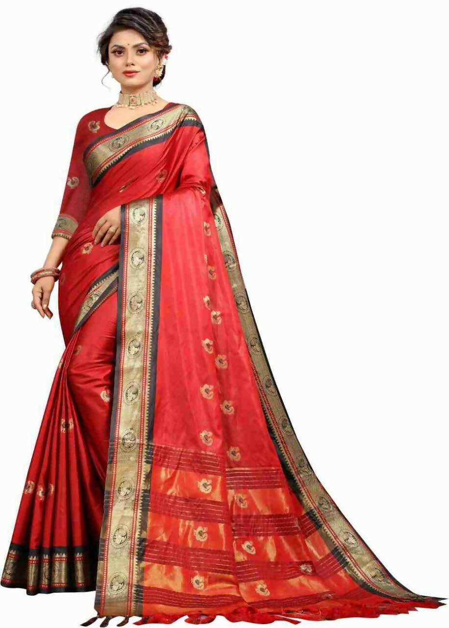 DEIANA'S Beautiful Designer Golden zari Soft Lichi Silk Saree - Red
