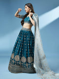 House of Panchhi Teal - Pure Georgette Embroidered Lehenga