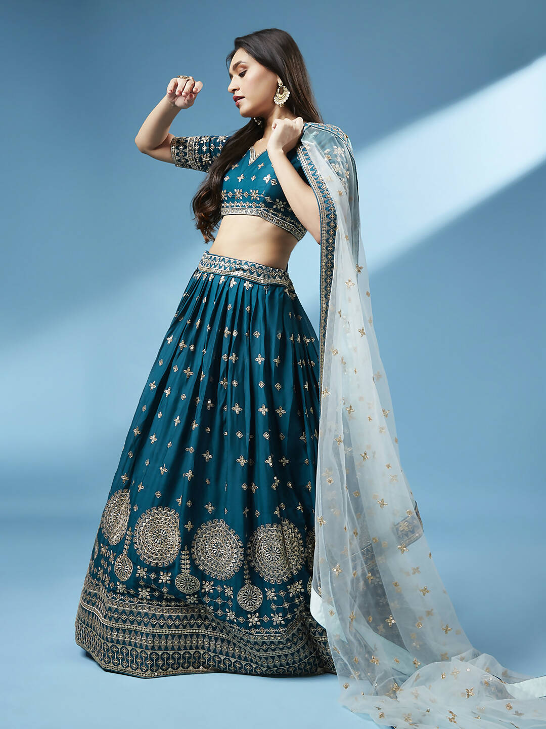 House of Panchhi Teal - Pure Georgette Embroidered Lehenga