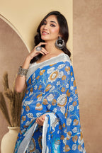 Vastranavya Blue Digital Printed Linen Ready To Wear Designer Saree with Unstitched Blouse - Distacart