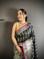 Joban Fashion Black Checked Soft Silk Kanjivaram Silk Saree - Distacart