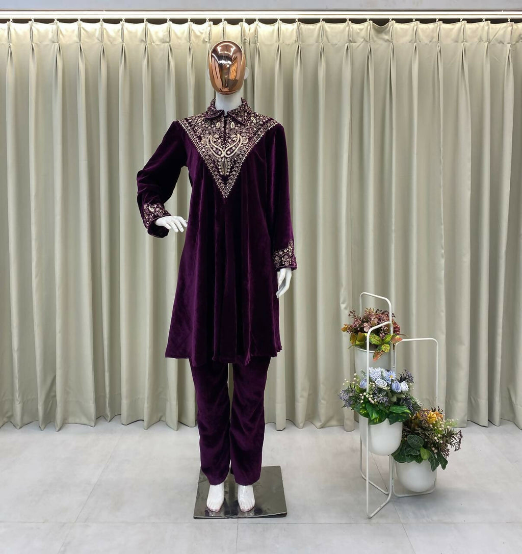 Vastranavya Purple Velvet Sequence Embroidery Work Top With Palazzo - Distacart