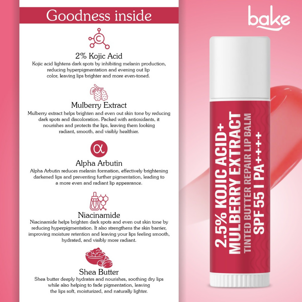 Bake 2.5% Kojic Acid Mulberry Extract Tinted Butter Brightening Lip Balm SPF 55 PA++++ - Distacart