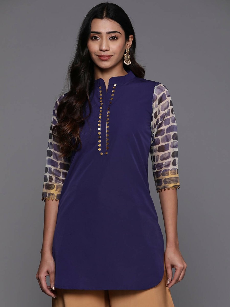 Ahalyaa Blue & Gold-Toned Mandarin Collar Printed Tunic - Blue Color
