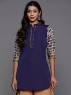 Ahalyaa Blue & Gold-Toned Mandarin Collar Printed Tunic - Blue Color