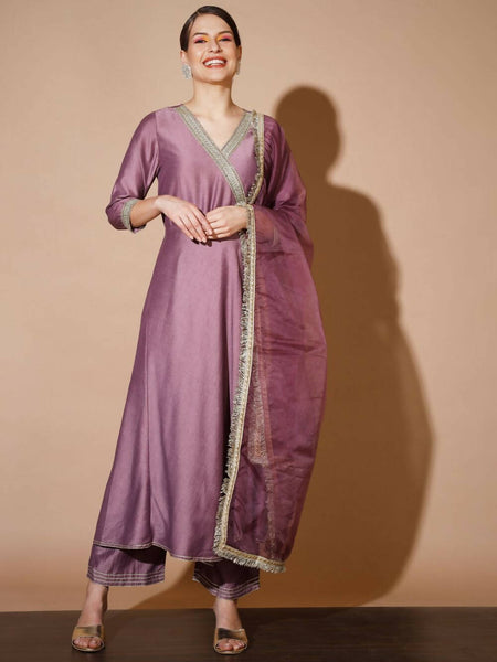 Myshka Women Mauve Solid Kurta & Palazzos With Dupatta