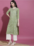 Cheera Women Stylish Hand Block Printed Cotton Blend Flared Kurta - Olive Green