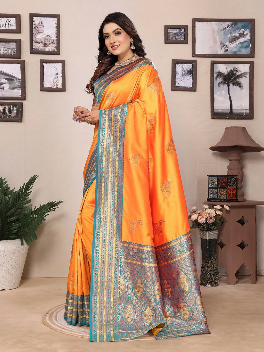 Joban Fashion Banarasi Orange Small Butti Soft Silk Saree - Distacart