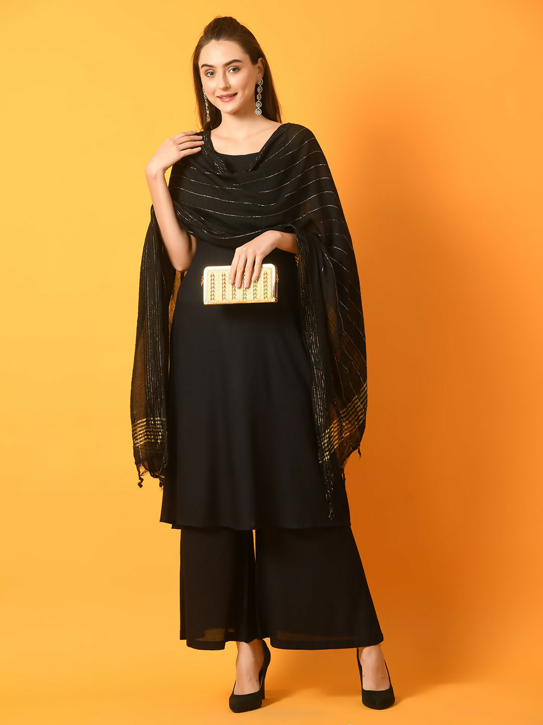 Myshka Women's Black Solid Anarkali Party Kurta Set With Dupatta