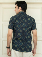 Miravan Men's Pure Cotton Blue Abstract Printed Half Sleeve Slim Fit Shirt