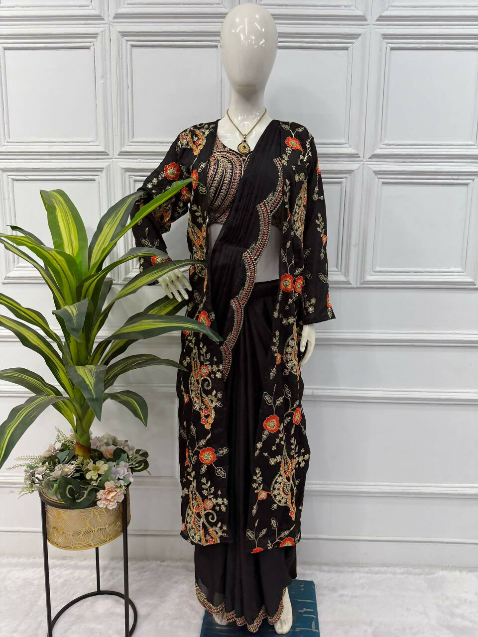 Teeya Creation Black Color Chinon Silk Designer Embroidery Work Ready To Wear Saree With Koti - Distacart
